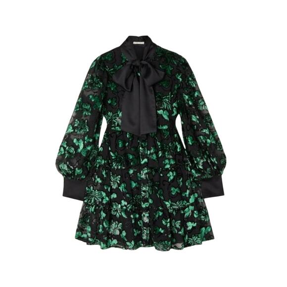 Alice + Olivia Dresses & Skirts - Alice + Olivia Rowen Green Black Velvet Burnout Floral Bow Mini Dress XL